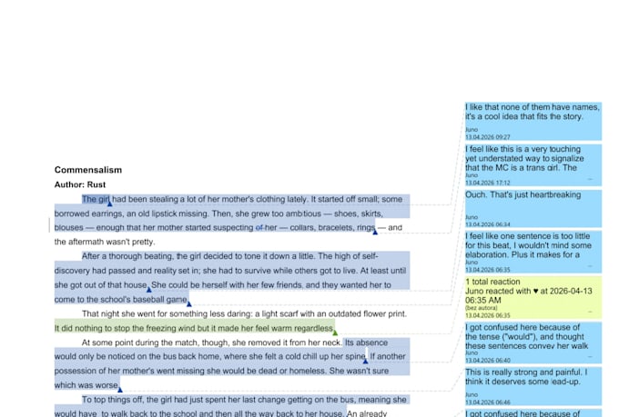 alpha read your work, line comments only